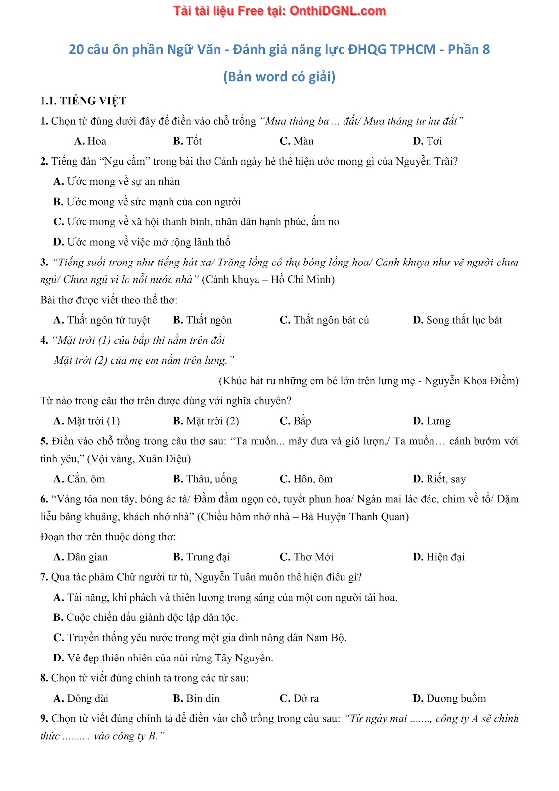 500 bài tập môn Ngữ Văn - Ôn thi ĐGNL ĐHQG TP HCM Phần 8