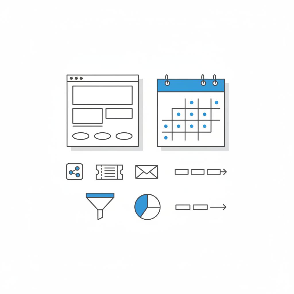 Minimal 2D vector flat-lay of event-promotion planning sketches: landing-page wireframe, calendar with blue-marked promo days, generic social, ticket and email icons to advertise events for free