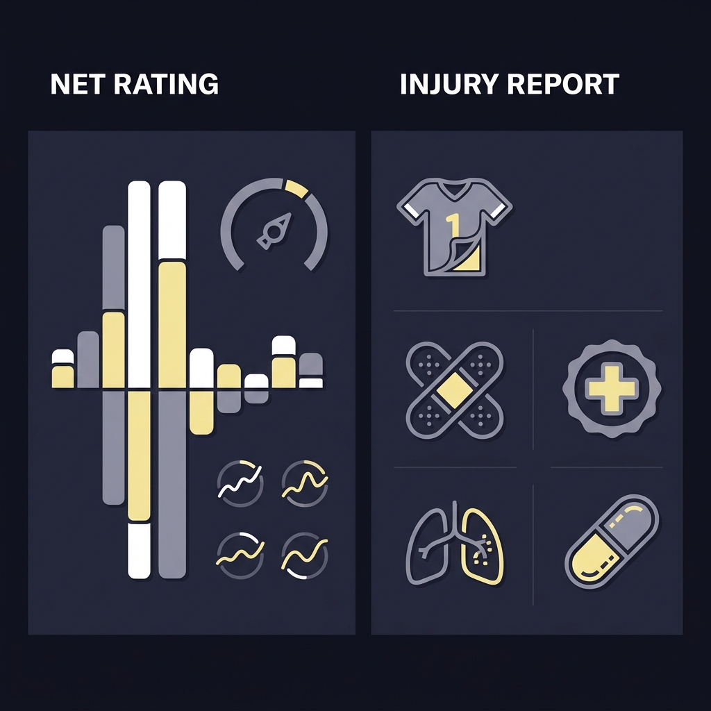 Minimal 2D vector split graphic showing net rating stat overlay and injury report icons on dark Funded Plays palette for boston celtics prediction article