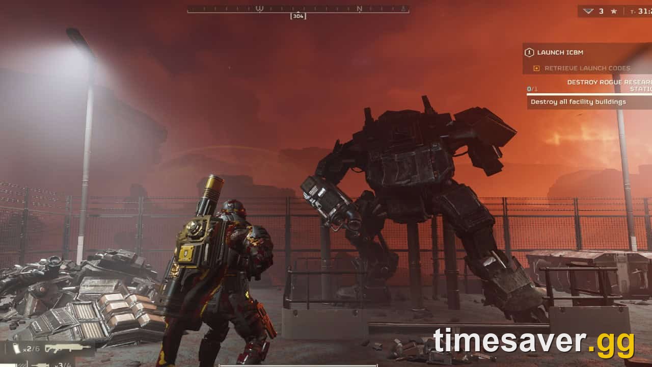 A Helldiver carrying an anti-tank support weapon squares off against an Automaton walker on a bot-front mission in Helldivers 2.