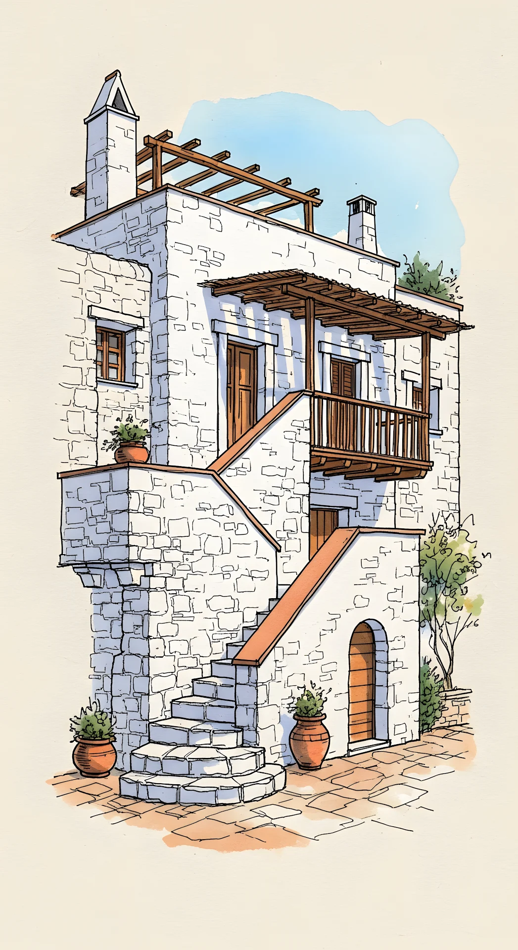 Traditional Mediterranean Stone House Architectural Sketch - Free 4K mobile Wallpaper