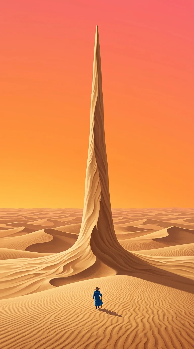 Minimalist Surreal Desert with Colossal Needle-Like Dune and Traveler - Free 4K mobile Wallpaper