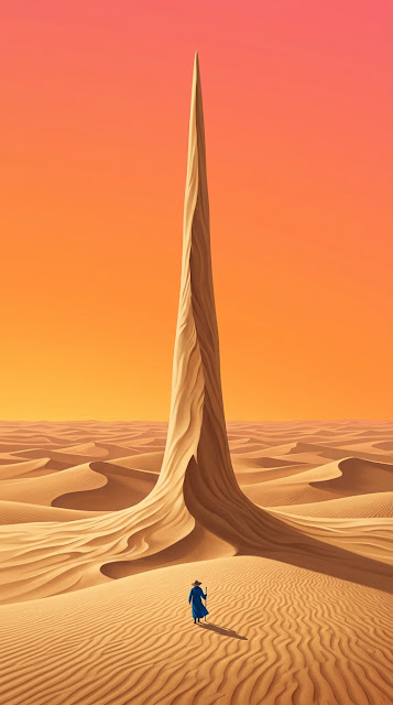 Minimalist Surreal Desert with Colossal Needle-Like Dune and Traveler - Free mobile Wallpaper