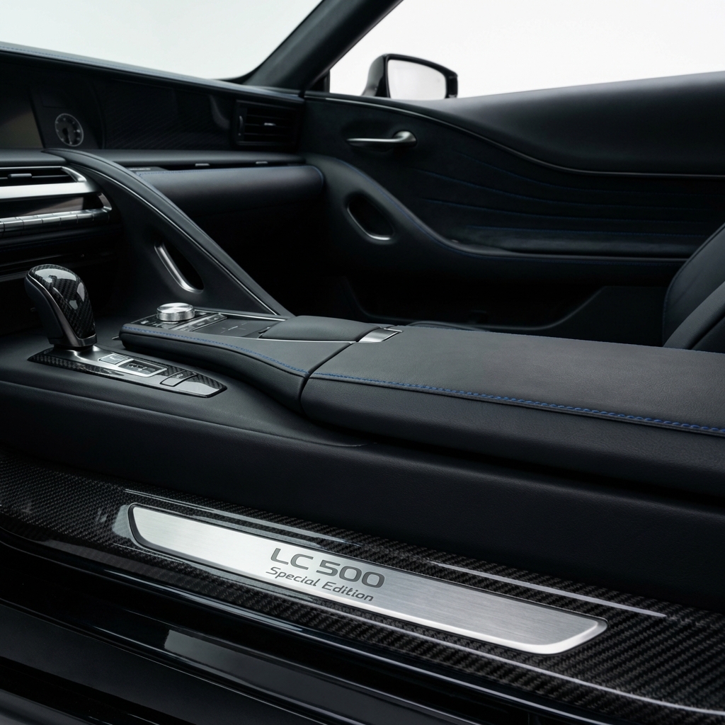 Close up interior shot of lexus lc 500 for sale highlighting special edition badge blue contrast stitching carbon fiber trim on clean white background