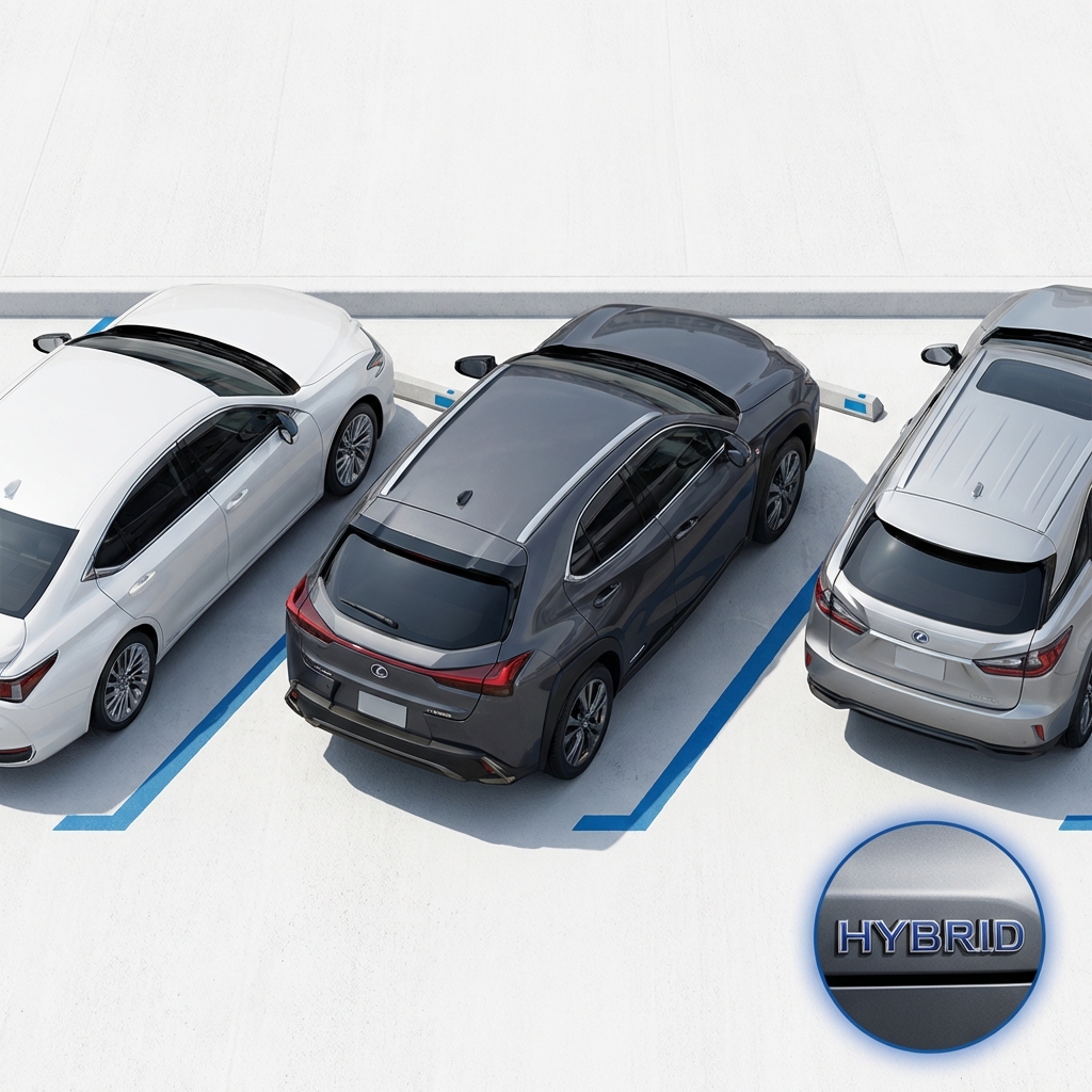Top down photo of compact Lexus UX parked in a tight urban space with small inset close up of hybrid emblem minimalist white background CarFax Deals lexus suv for sale