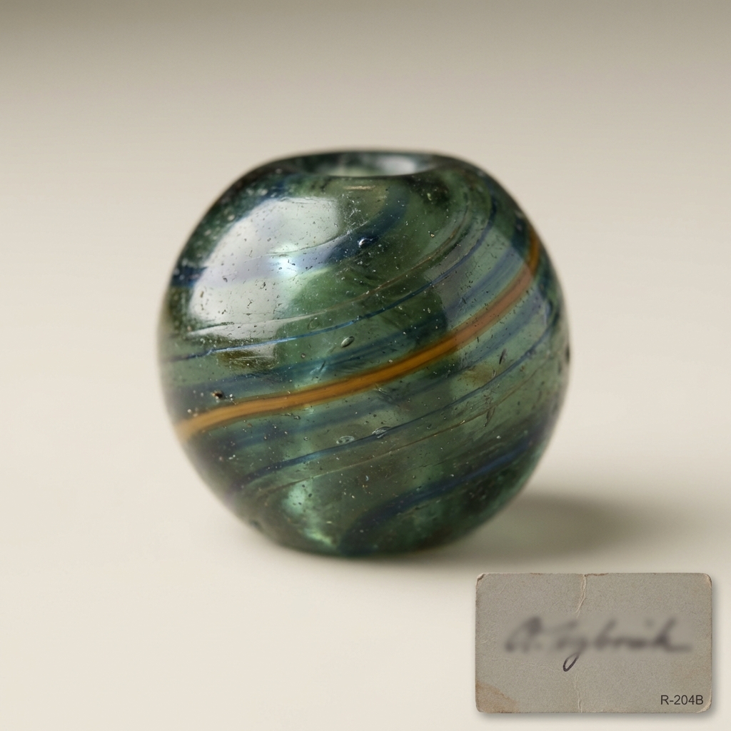 Macro close up of an ancient roman glass jewelry bead showing winding lines and layered colors on a beige background with a small conservation note card