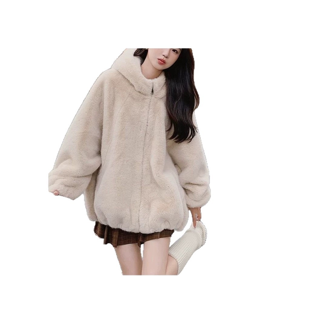 Ladies' jacket with hood and lambskin appearance