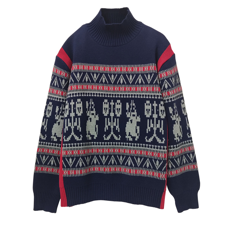 Unisex knitted sweater with geometric pattern, stand-up collar