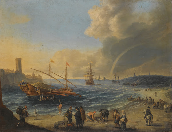 A Mediterranean Harbour Scene With An Ottoman Barge And Other Boats Figures On T
