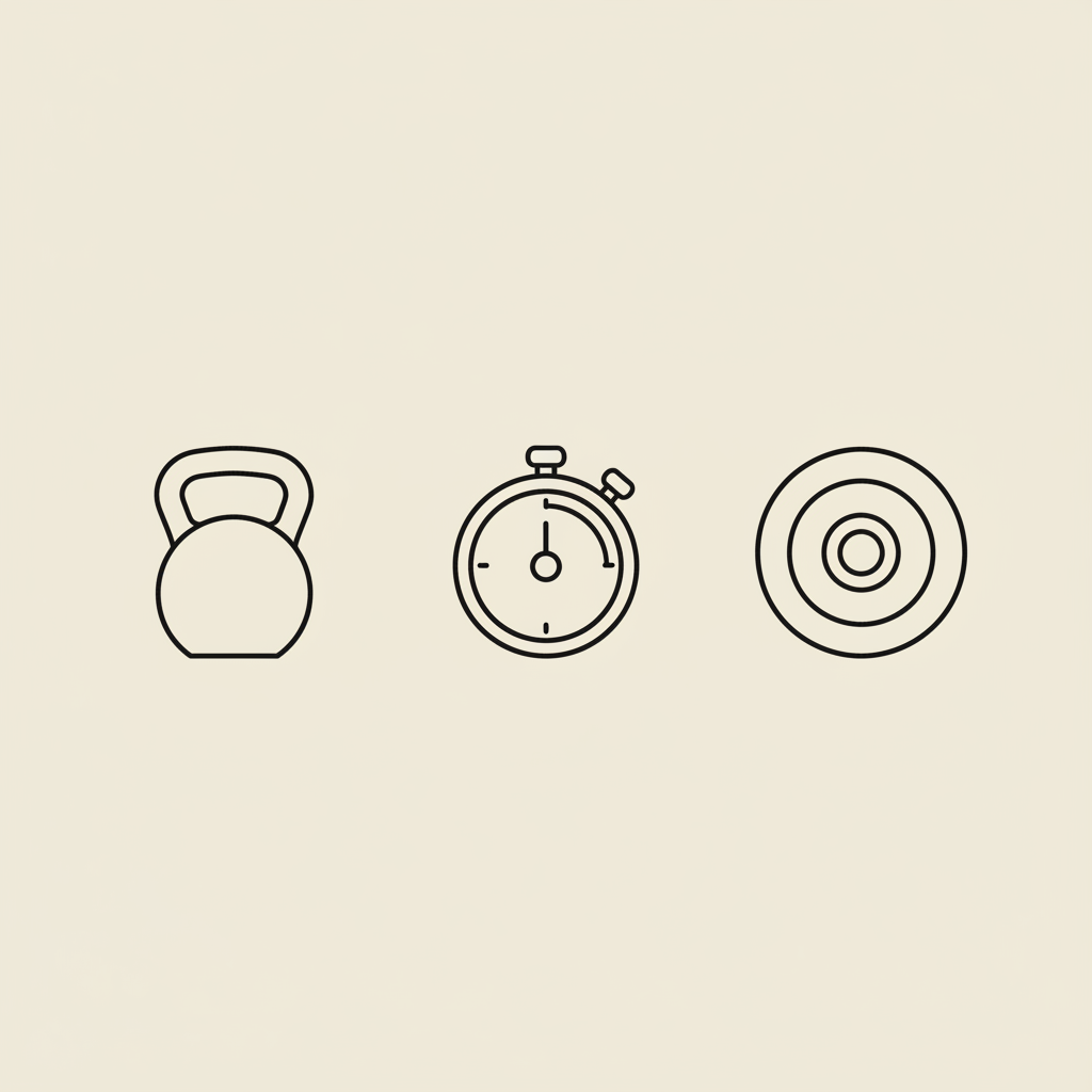 Minimalist Tonum-style vector line illustration of kettlebell, stopwatch, and barbell plate on beige background #F2E5D5, representing 3-3-3 rule gym