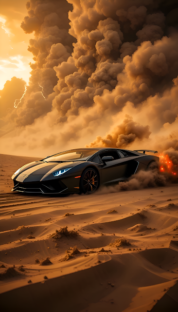 Black Supercar Speeding Through Apocalyptic Desert Dust Storm - Free mobile Wallpaper