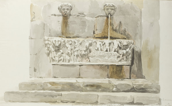 Oude sarcofaag als fontein in Messina 1778