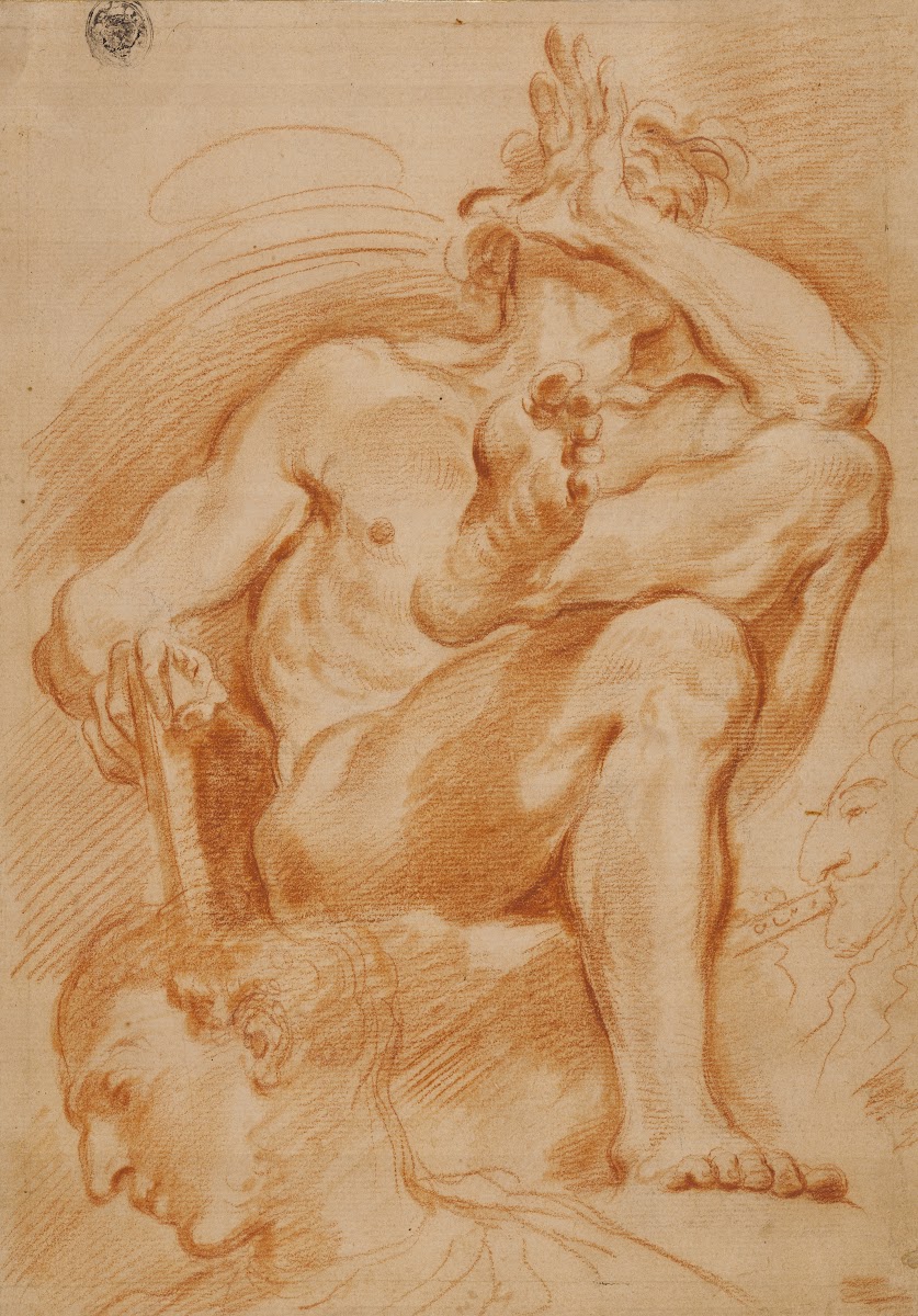 Sheet of Studies A Seated Nude Man A Youthful Head and a Caricature Head of a Ma
