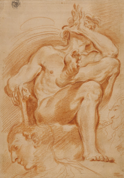 Sheet of Studies A Seated Nude Man A Youthful Head and a Caricature Head of a Ma
