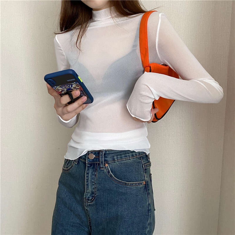 Lace and mesh roll-neck top for women