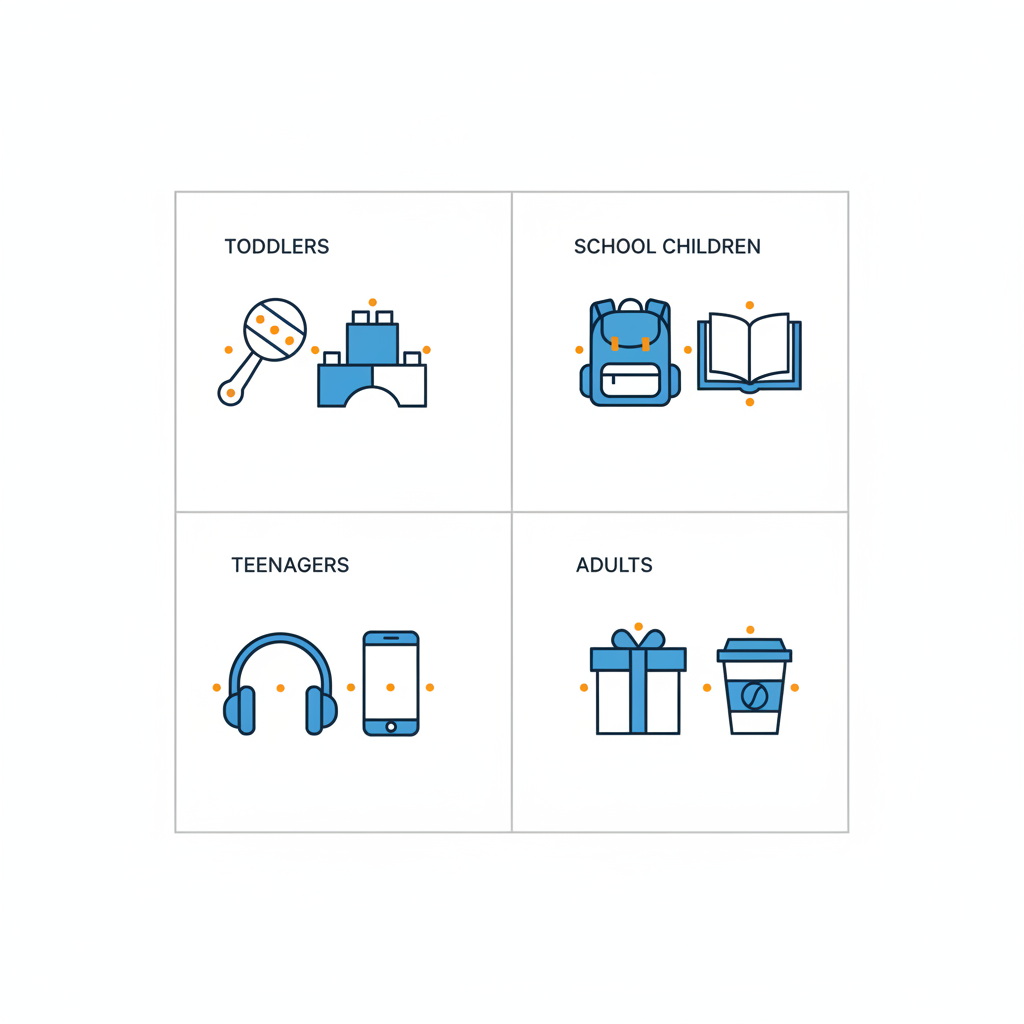 Minimalistische 2D-Vektor-Infografik zu nikolaus ideen mit vier Icons für Kleinkinder, Schulkinder, Jugendliche und Erwachsene in Steelmonks-Farben