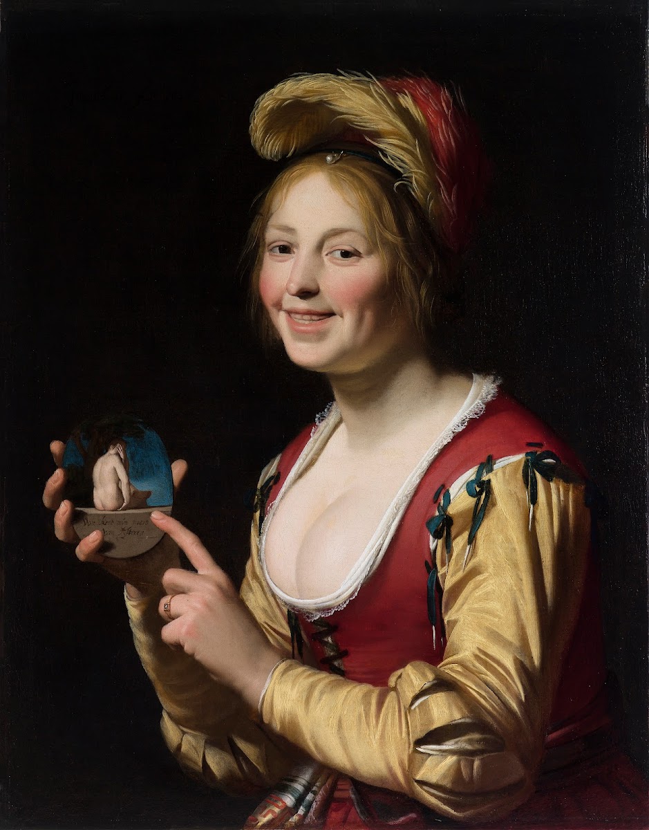 Smiling Girl a Courtesan Holding an Obscene Image 1625