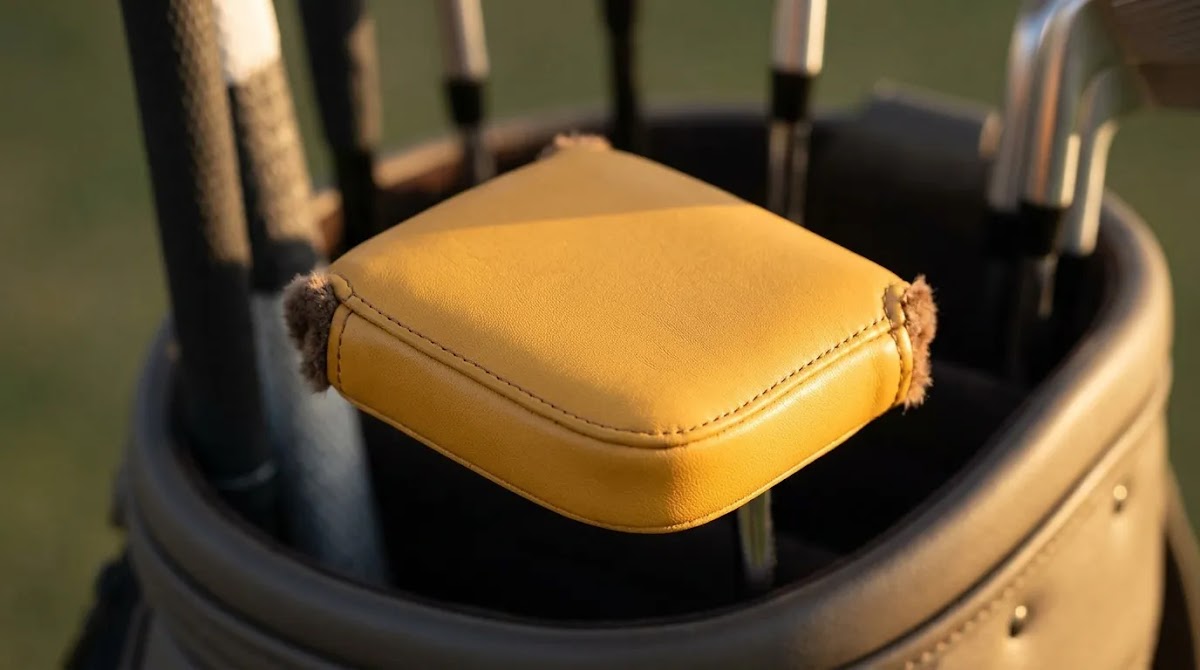 Personalized golf club covers guide showing a tailored mallet putter cover fit in a golf bag.