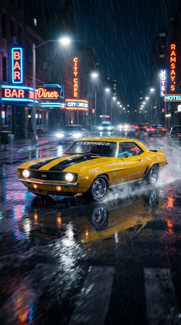 Yellow Classic Muscle Car Driving in Rain 3D Render - Free mobile Wallpaper
