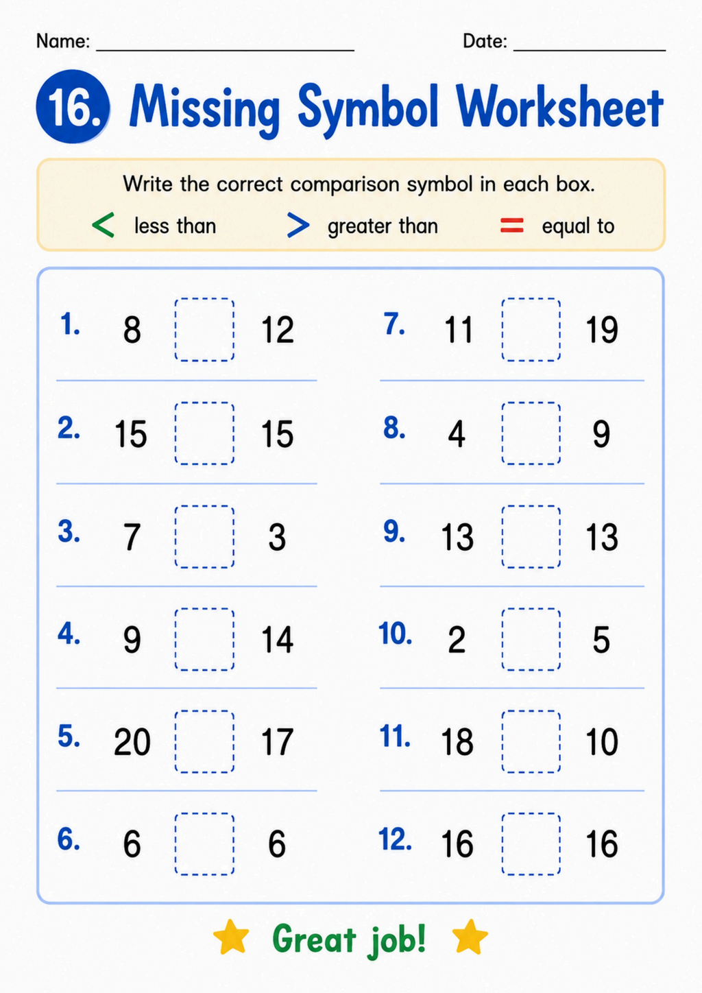 Missing Symbol Worksheet
