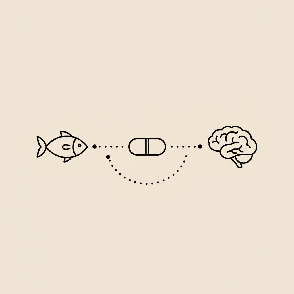 Minimal Tonum-style line illustration of a fish, capsule, and brain connected by a dotted line on beige background, representing memory supplements.