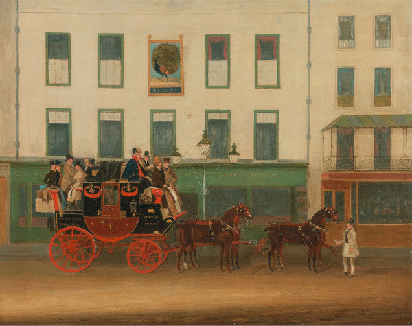 The London Manchester Stage Coach the Peveril of the Peak outside the Peacock In