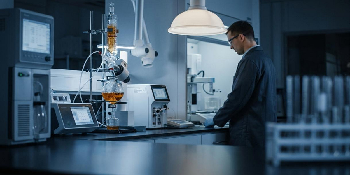 Processo di produzione del 10-OH-HHC in laboratorio chimico moderno, strumenti scientifici.