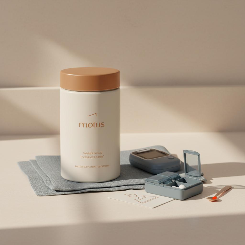 Minimalist kitchen counter with Tonum supplement container from reference beside a blood glucose meter and pill organizer, highlighting alpha-lipoic acid and glucose monitoring.