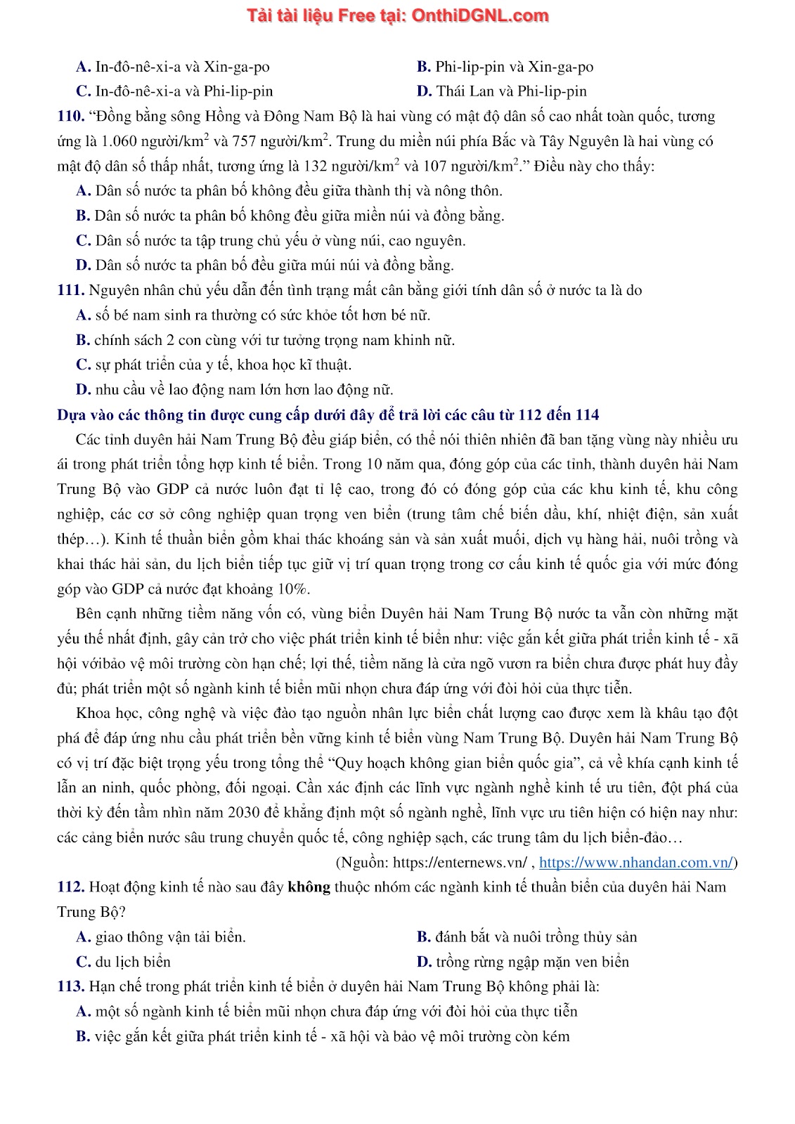 250 bài tập môn Địa Lý - Ôn thi ĐGNL ĐHQG TP HCM Phần 4