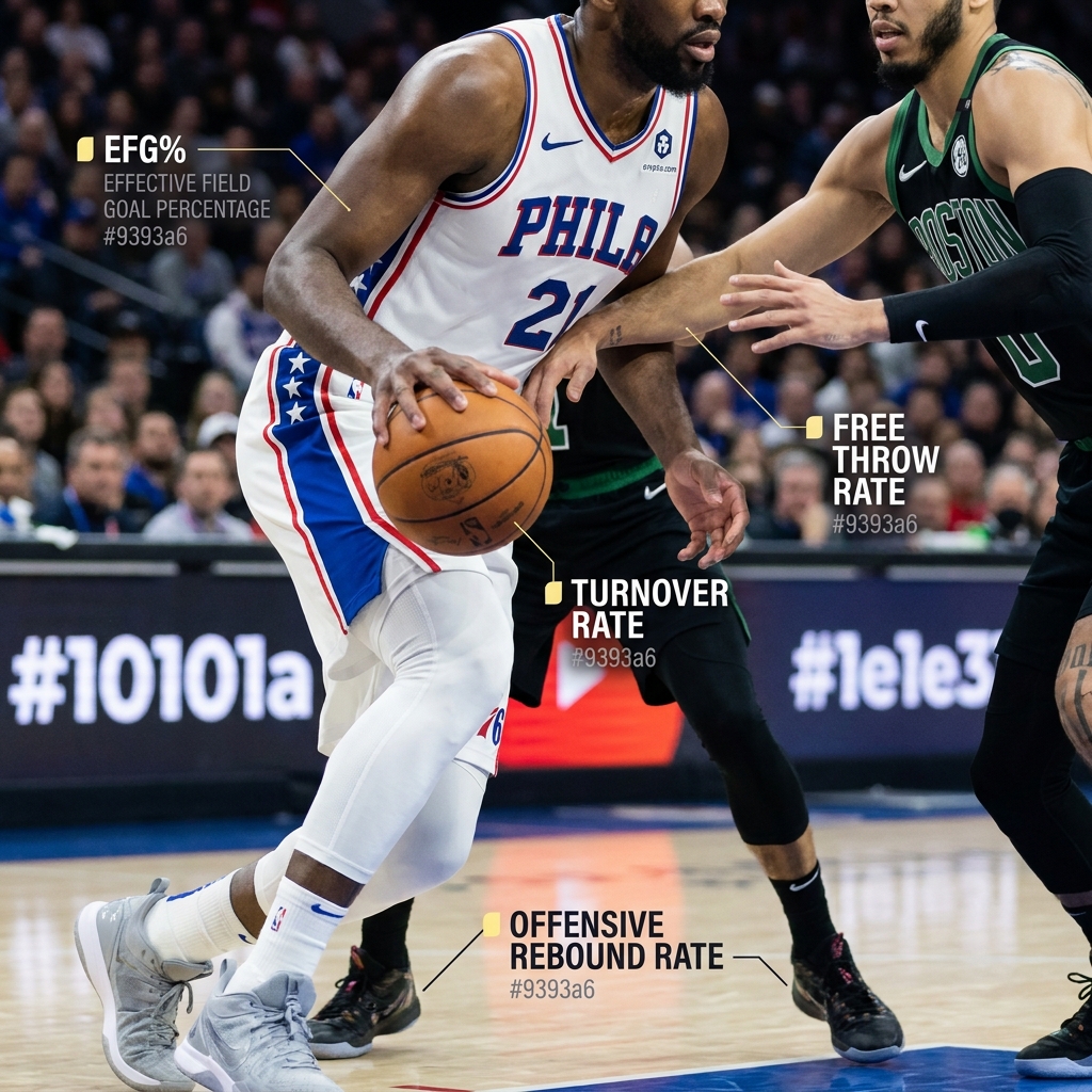 Close crop of a 76ers possession with annotated four factors showing effective field goal percentage turnover rate offensive rebound rate and free throw rate in Funded Plays minimalist colors 76ers prediction