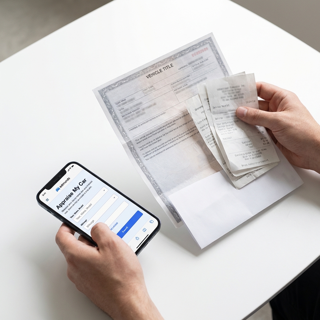 Close shot of hands holding a car title and receipts beside a smartphone showing edmunds appraise my car appraisal interface on a white background with CarFax Deals blue accents