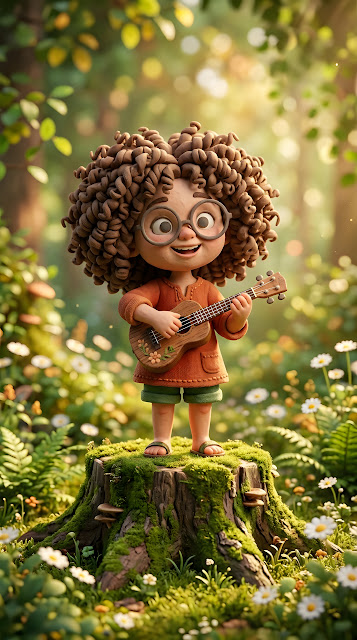 Stylized 3D Girl with Ukulele on Mossy Tree Stump - Free mobile Wallpaper