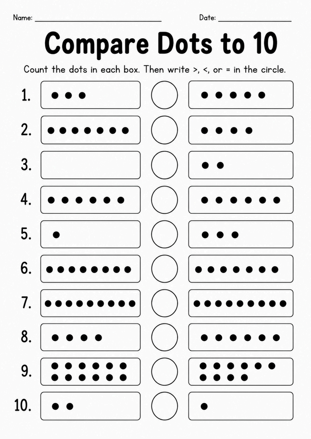 Compare Dots to 10 Worksheet