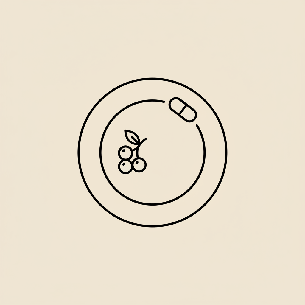 Minimal vector line illustration of a plate outline with a small capsule and a three-berry cluster on a beige background, representing weight loss powder and healthy ingredients.