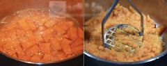 Khoai lang gọt bỏ vỏ, cắt miếng nhỏ. Cho khoai lang vào nồi luộc chín hoặc hấp cho đến khi chín mềm. Tắt bếp. Gạn bỏ nước, nghiền nhuyễn khoai. Để sang một bên cho khoai nguội.
