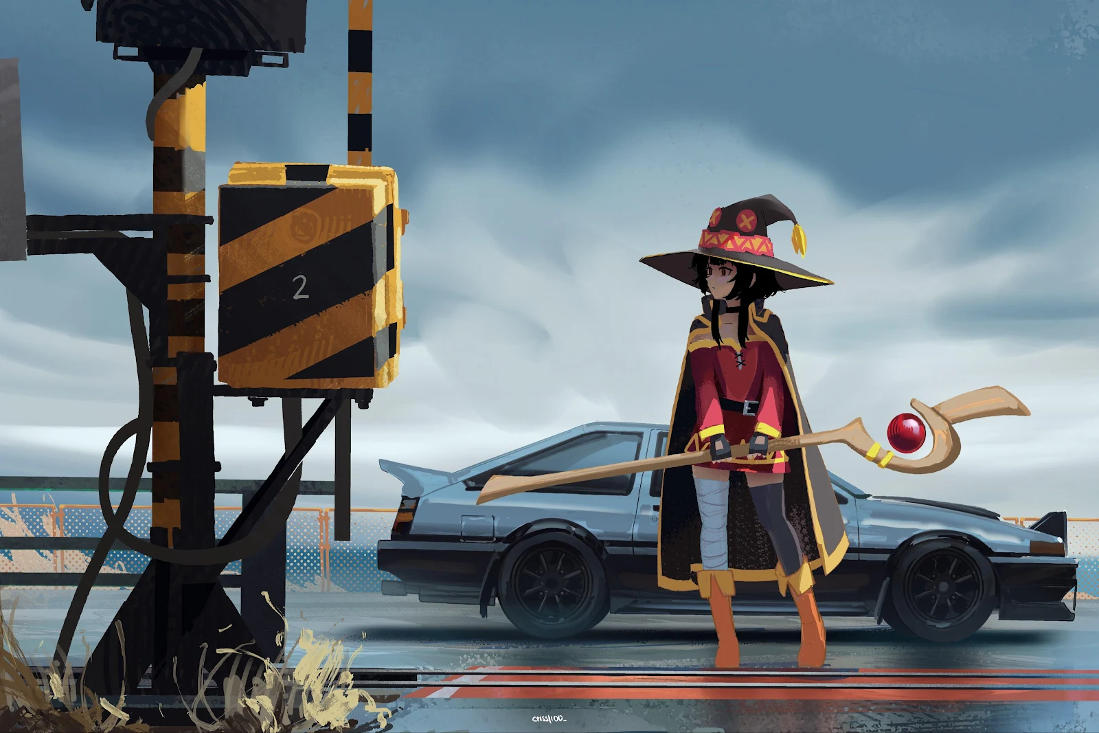 Megumin Next To Toyota AE86 - Digital Anime Art 4K Wallpaper (4096x2731)