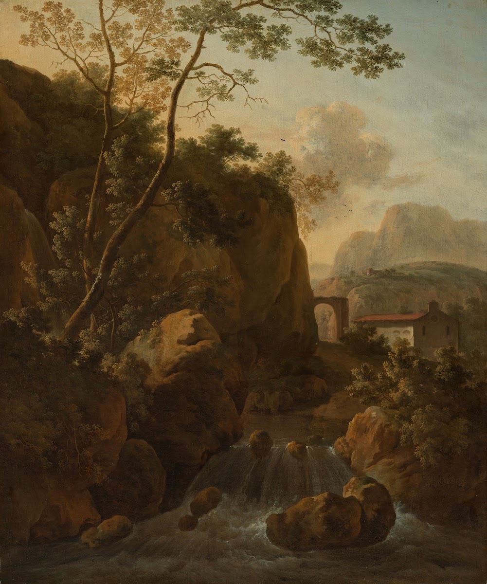 Italienische Felslandschaft mit Gebirgsbach und Kapelle ca 1735