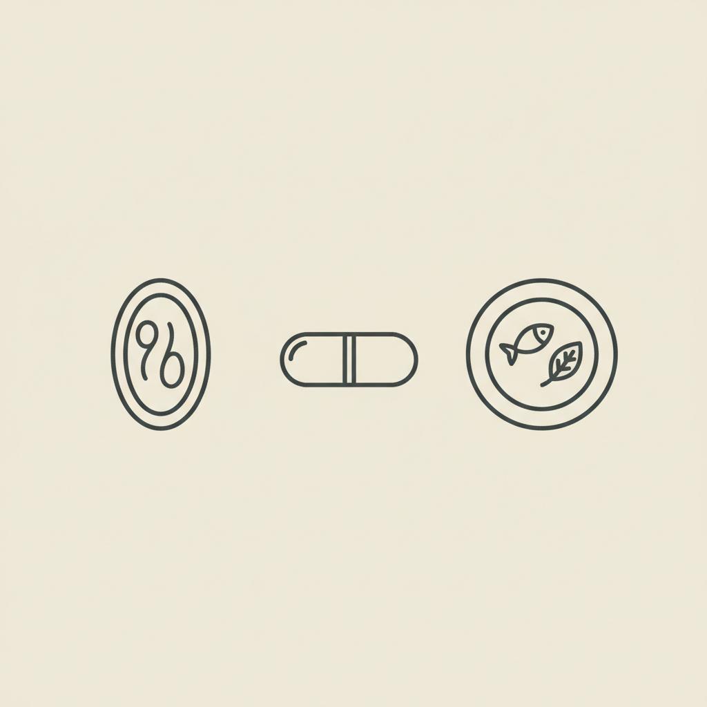 Minimalist Tonum-style vector line illustration of a mitochondrion, capsule, and plate with simple fish and leaf representing taurine metabolism