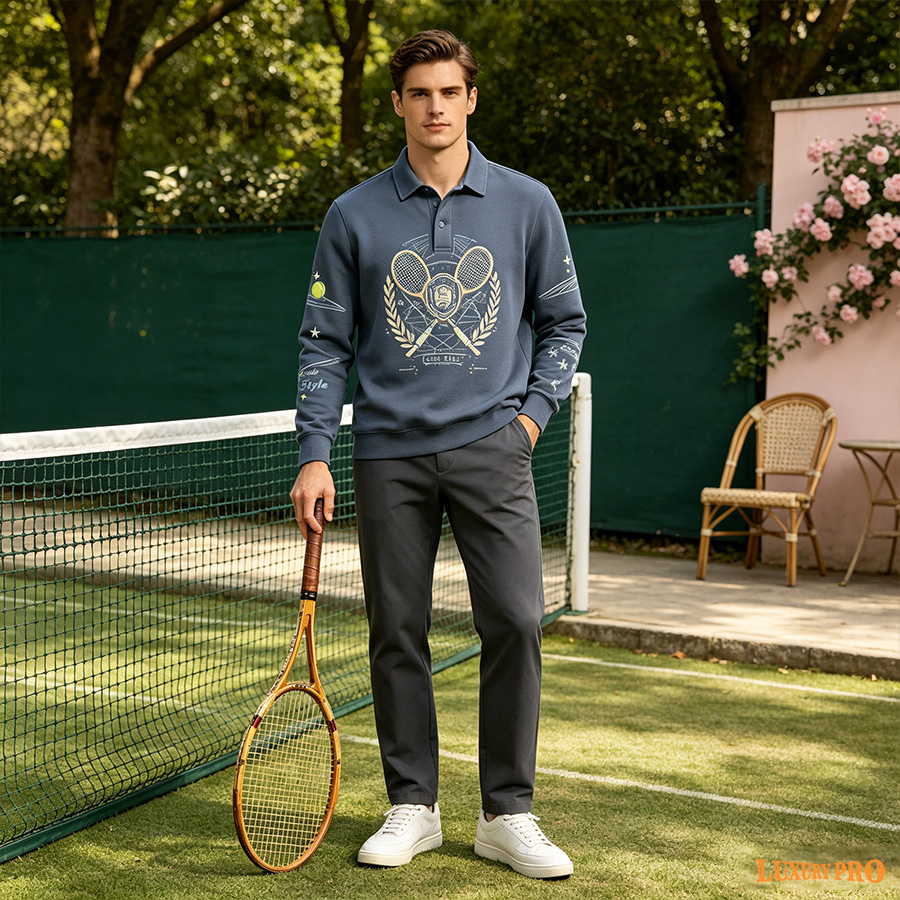 MEG Button Long‑Sleeve Polo Shirt with Cuffs & Hem