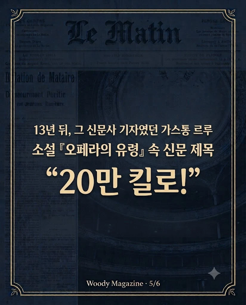 13년 뒤 그 신문사 기자였던 가스통 르루의 소설 속 신문 제목 「20만 킬로!」 (카드 5/6)