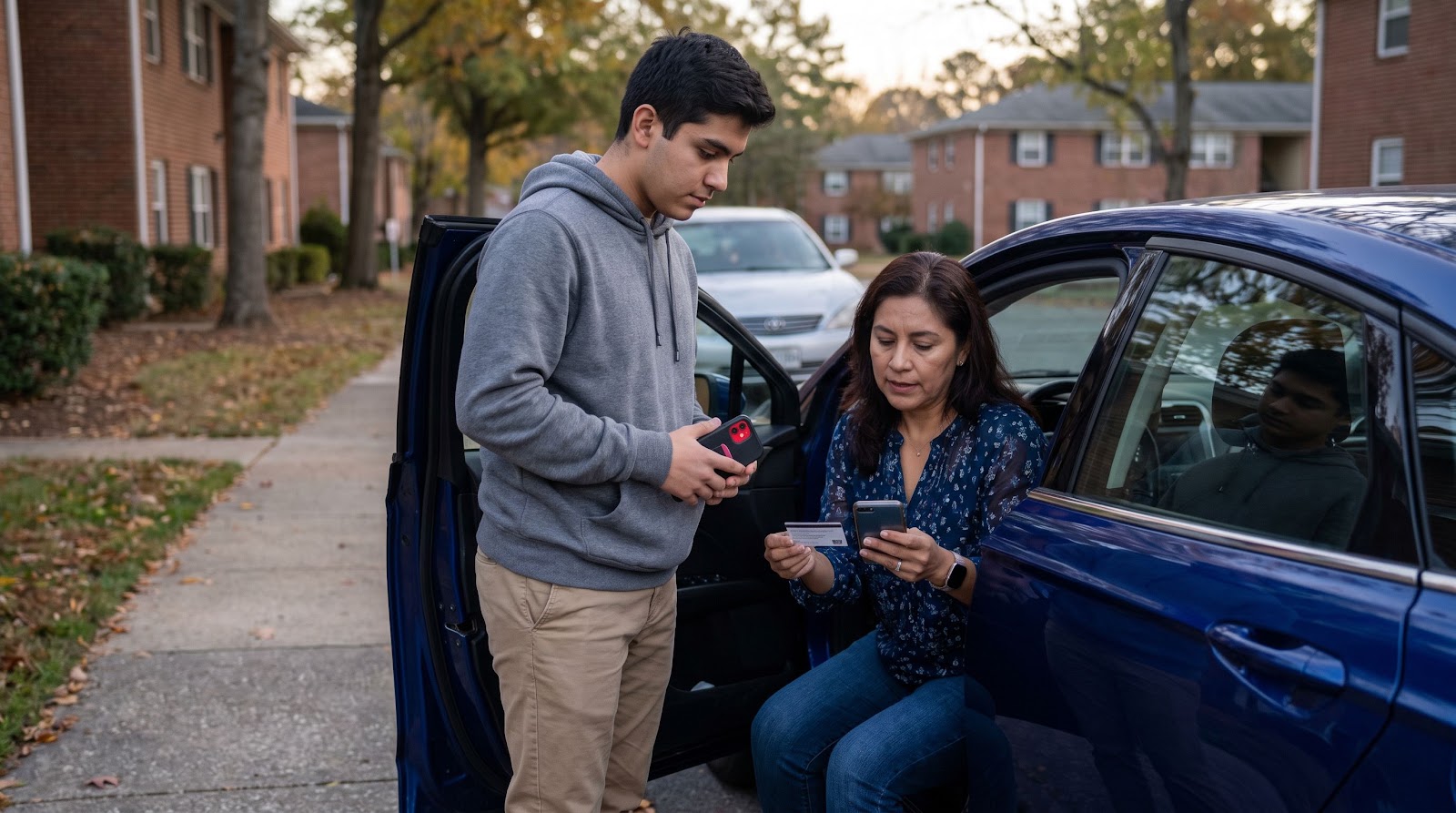 Madre e hijo universitario revisan un incidente de auto lejos de casa con seguro auto estudiantes universitarios Texas