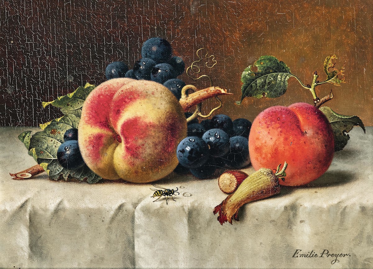 Still Life with Peaches Grapes Hazelnut and a Wasp
