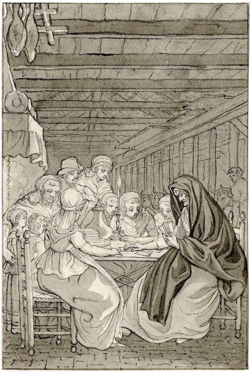 Kaartlegster bij een boerenfamilie Kijkt eens