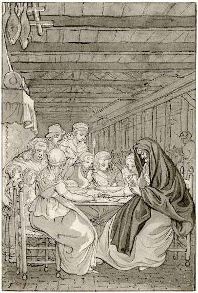 Kaartlegster bij een boerenfamilie Kijkt eens