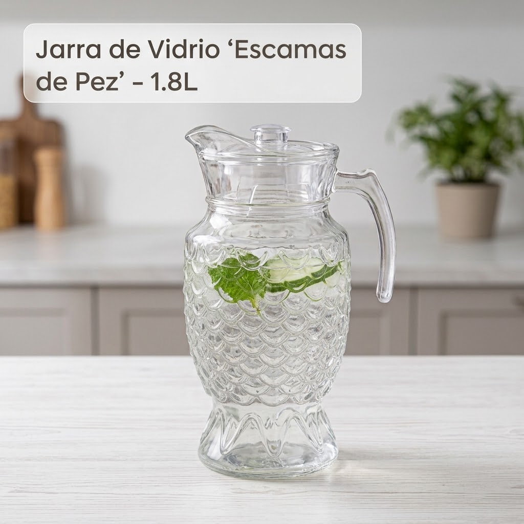 Jarra de vidrio con relieve de escamas y tapa