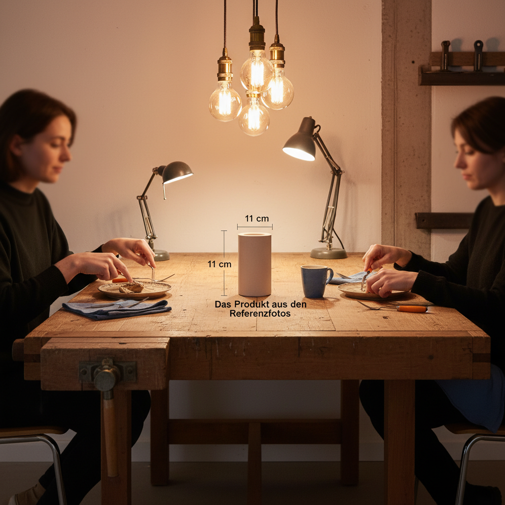 Wichtelgeschenke Ideen: Abendliche Szene mit kleiner Familie am Holztisch, warme Beleuchtung, Holz- und Metalldetails, dezente Steelmonks-Farbakzente und Produkt aus den Referenzfotos sichtbar