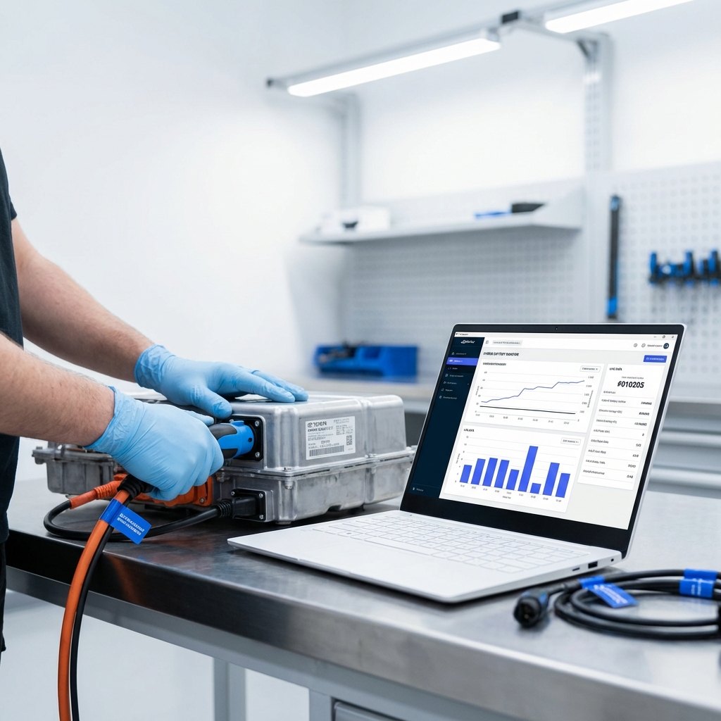 Close up of a technician connecting a diagnostic tool to the hybrid battery of a Toyota Prius with laptop showing live charts minimalist white workshop for toyota prius for sale