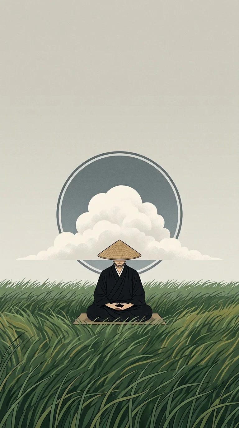 Minimalist Zen Monk Meditating on Grass with a Cloud Halo - Free 4K mobile Wallpaper