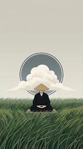 Minimalist Zen Monk Meditating on Grass with a Cloud Halo
