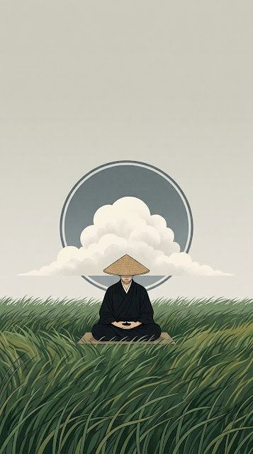 Minimalist Zen Monk Meditating on Grass with a Cloud Halo - Free mobile Wallpaper